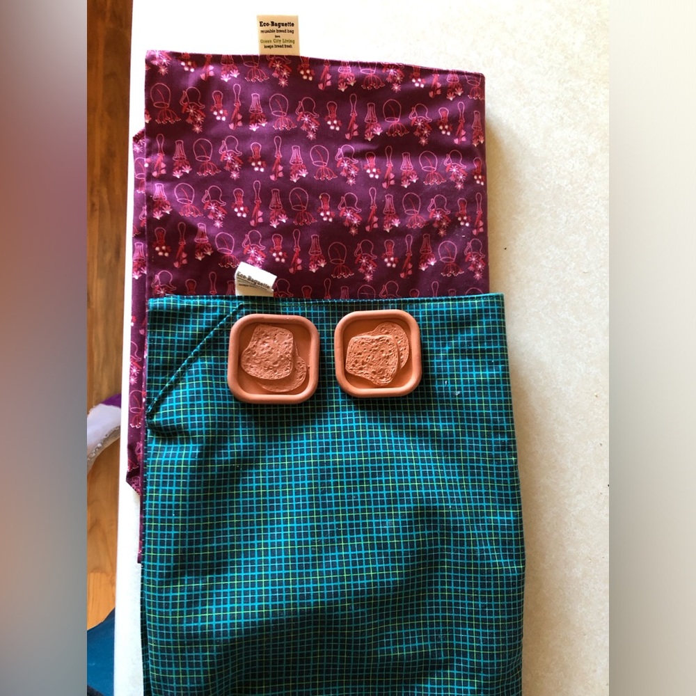 2 Green City Living Eco-baguette cloth bread bags with stones and zip ties